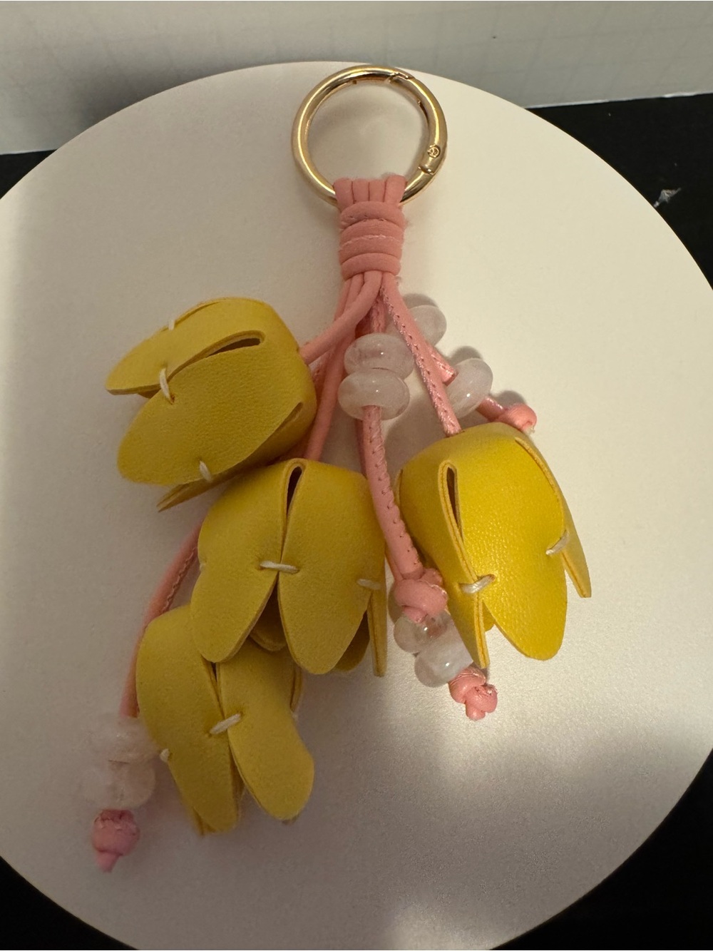 Pink and Yellow Floral Leather Keychain Charm